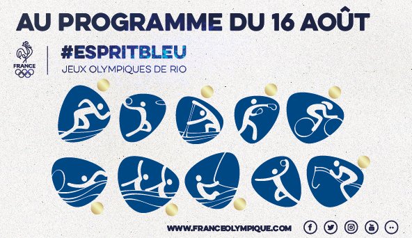 EquipeFRA's tweet photo. Retrouvez tous les Français à suivre aujourd'hui @Rio2016 #espritbleu #AllezLesBleus https://t.co/dmqPLTEYom https://t.co/lrUgFvaQIB