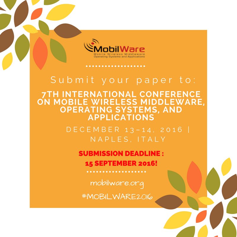 EAI_Social's tweet photo. Don´t miss a chance to submit your paper to #MOBILWARE2016 in #Naples! https://t.co/dN13sJXDke #MobileWireless https://t.co/ohdb8dpwYb