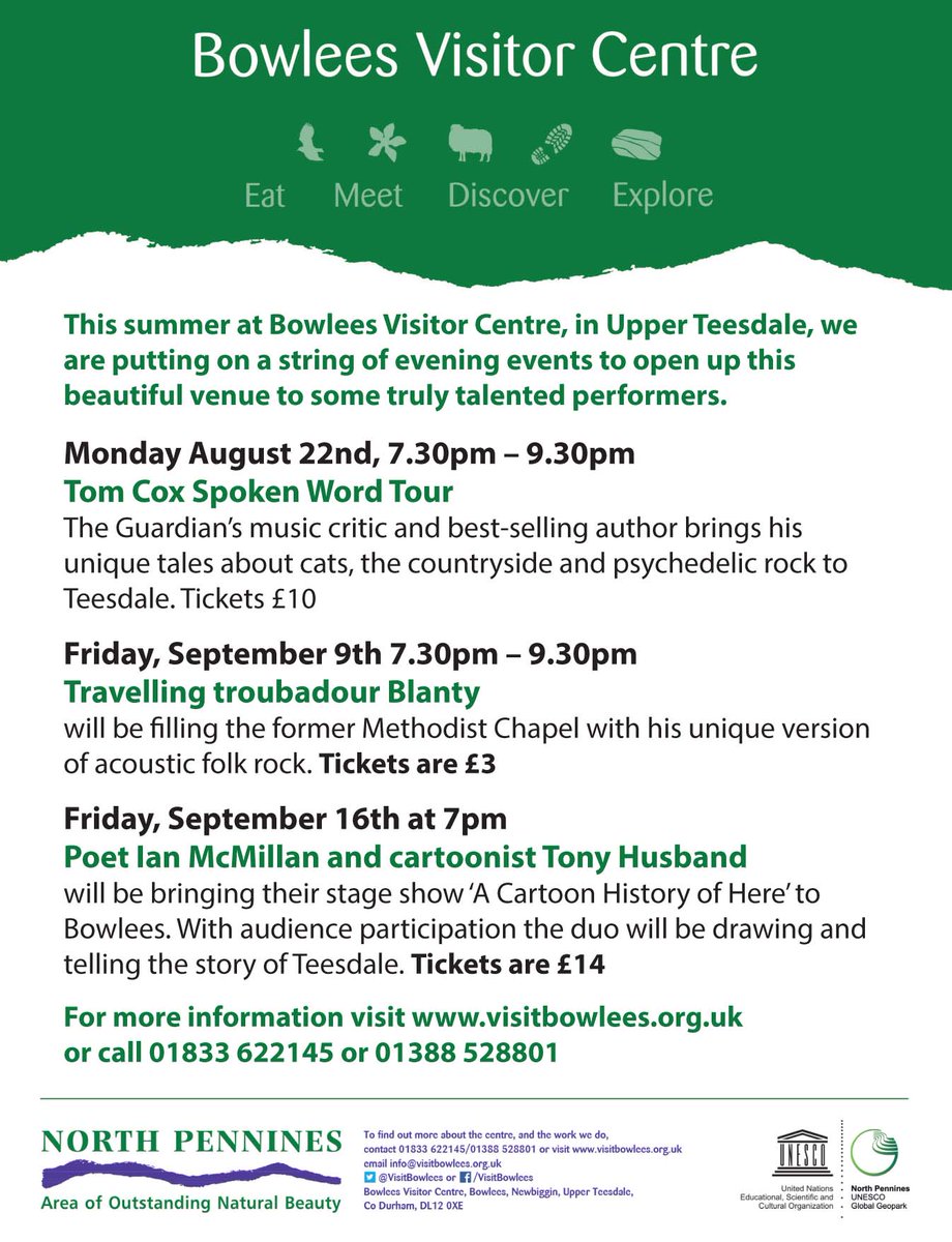 NorthPenninesNL's tweet photo. Upcoming evening events at @VisitBowlees #booknowtoavoiddisappointment :) @cox_tom @IMcMillan @tonyhusband1 #Blanty https://t.co/SZTxmj3H5b