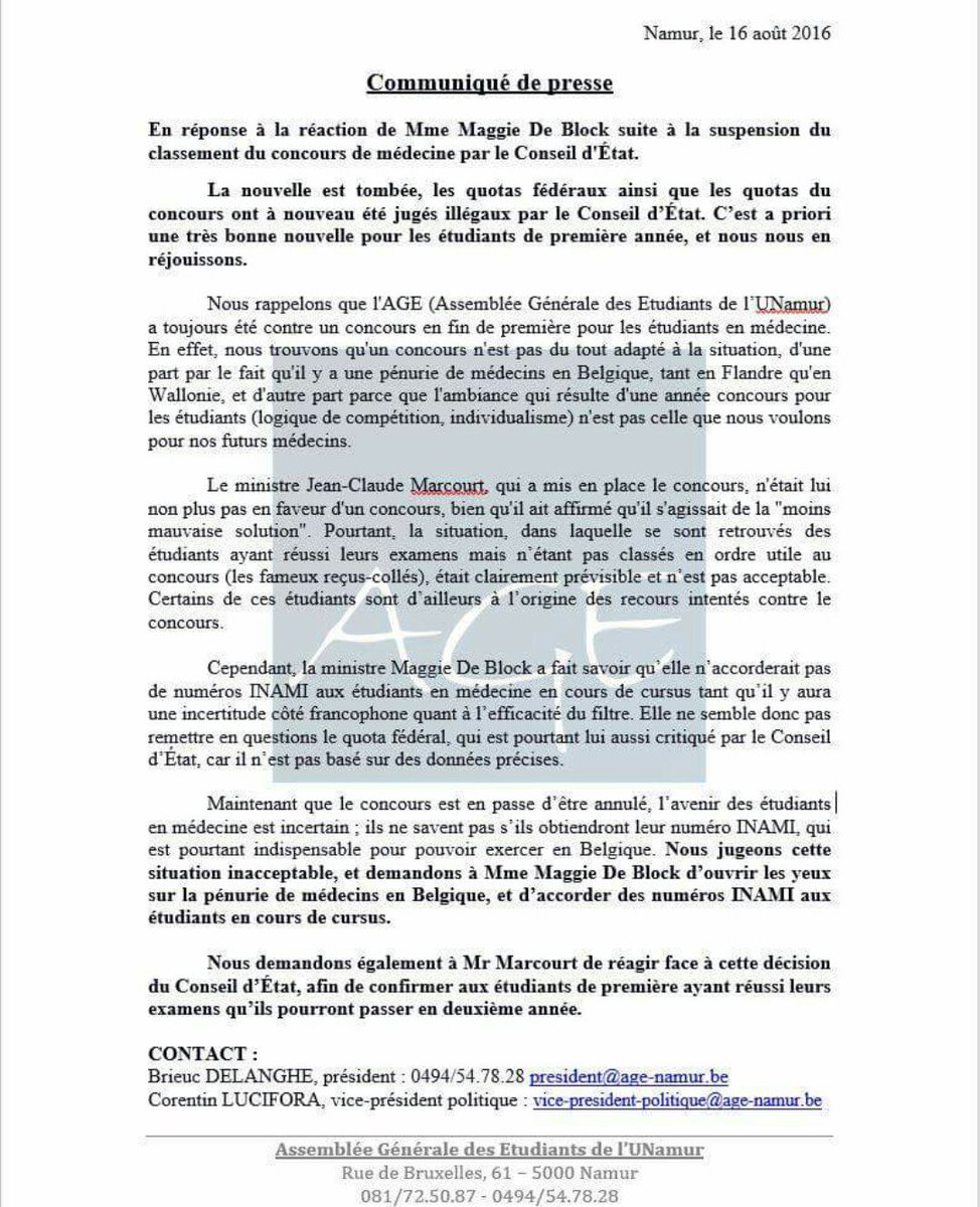 Suite aux récents événements concernant le #concours #médecine, voici la position officielle de l'AGE