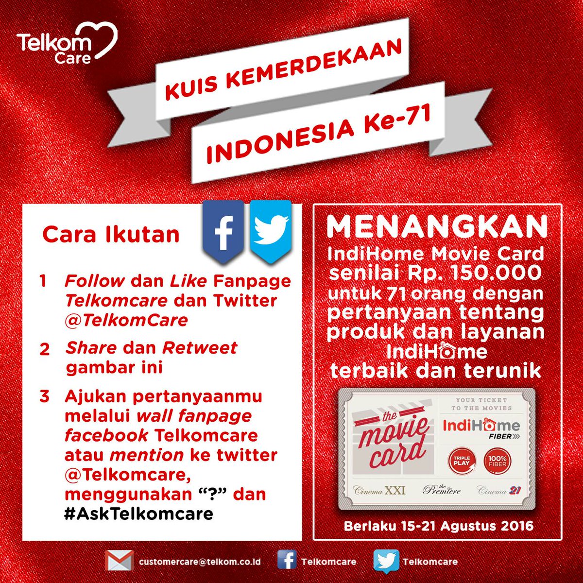 Ikutan yuk, Kuis TelkomCare Semarak HUT RI. Ada 71 Hadiah menarik untuk kalian loh. S&amp;K cek bit.ly/2bscsVv