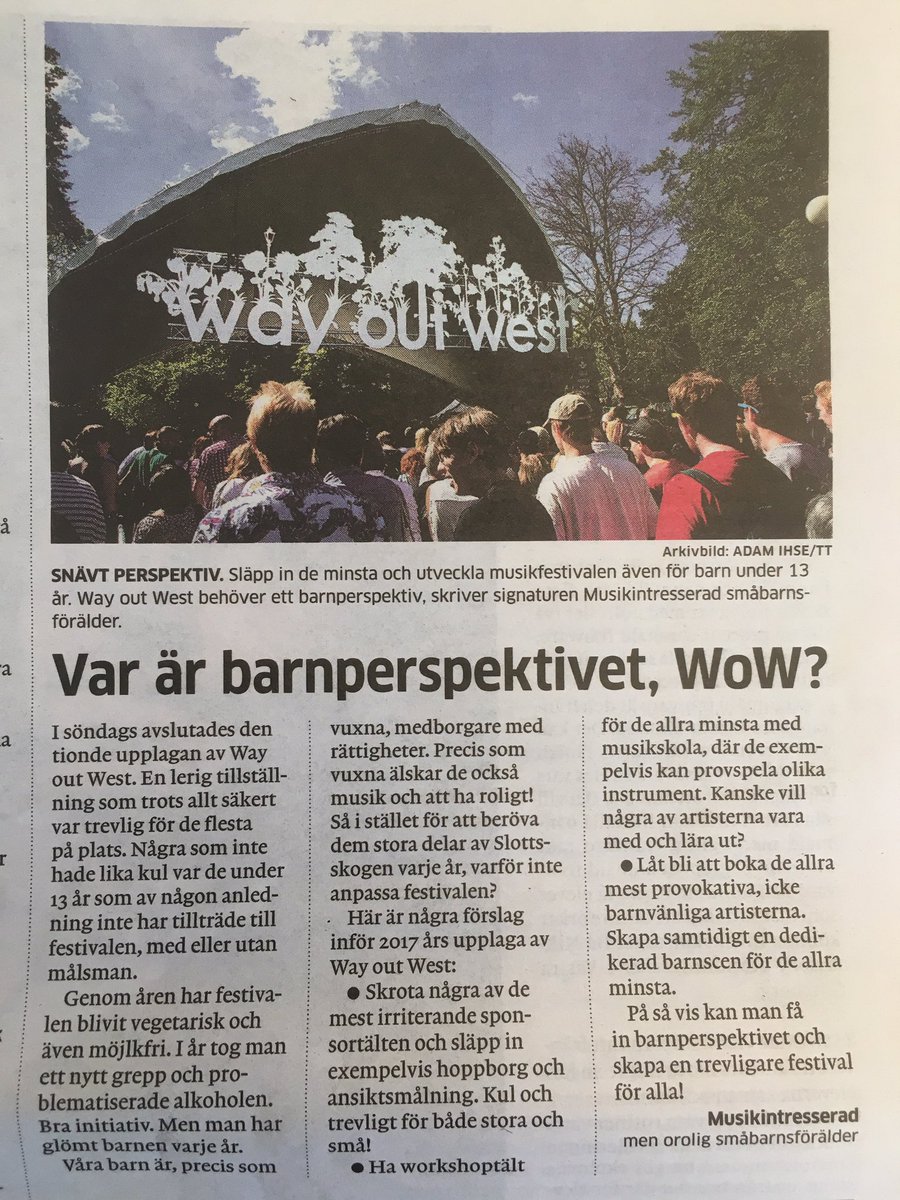 AlltGenast's tweet photo. Vem behöver satiriska krönikor om Way out West när det finns uppriktigt oroliga småbarnsföräldrar? https://t.co/XpyIyFXNbI