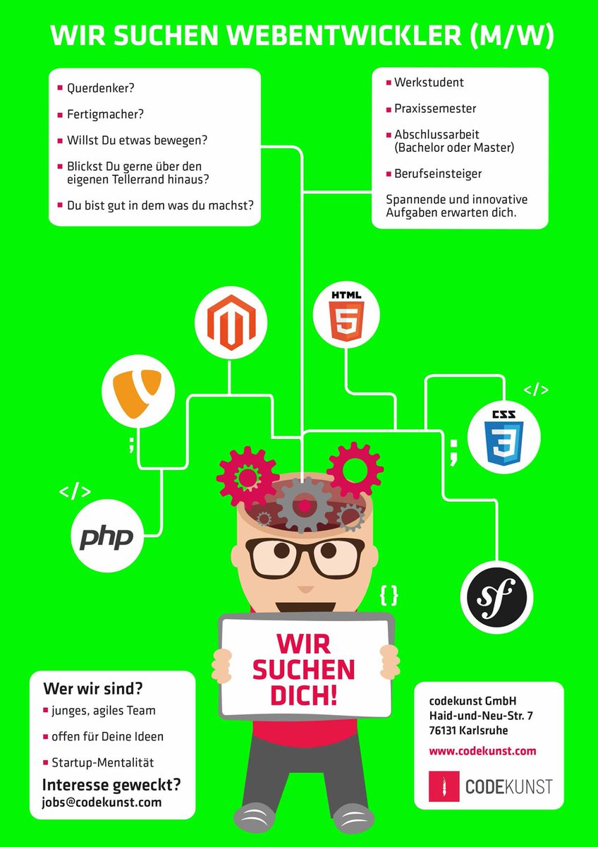 codekunst's tweet photo. Wir suchen Webentwickler (M/W)! #jobs #karlsruhe #web #php #entwickler #stellenanzeige #magento #typo3 #css #java https://t.co/PP2PecBlTo