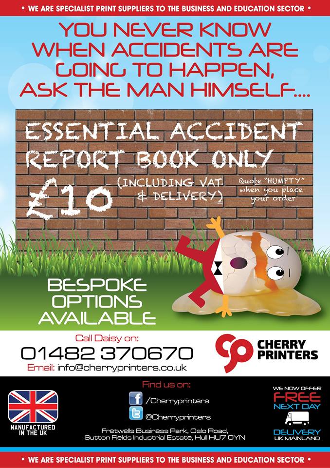cherryprinters's tweet image. Hey Guys, this month only we have an offer on Accident Books. Just say ''Humpty'' when making your order!