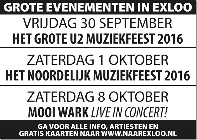 WeekinWeekuit's tweet photo. De 3 grote Muziekfeesten in Exloo #Borger #Exloo #Borger-Odoorn #Drenthe #Jannes #MooiWark #U2muziekfeest  #gratis https://t.co/4y51Yghchx