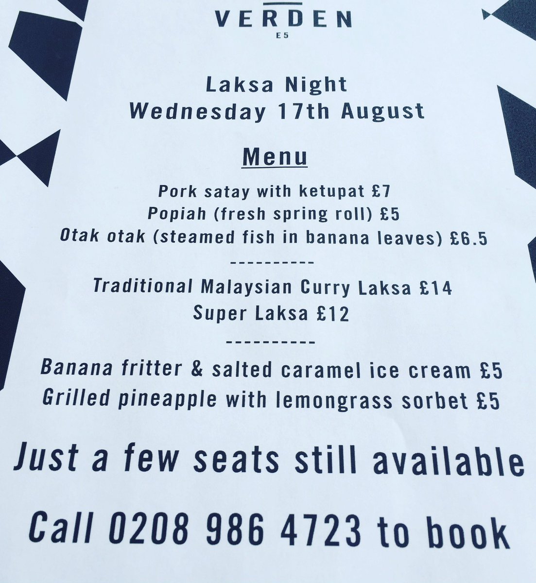 A little update on prices for tomorrow night. Only a few seats left! Call if you want a table #laksa#malaysia