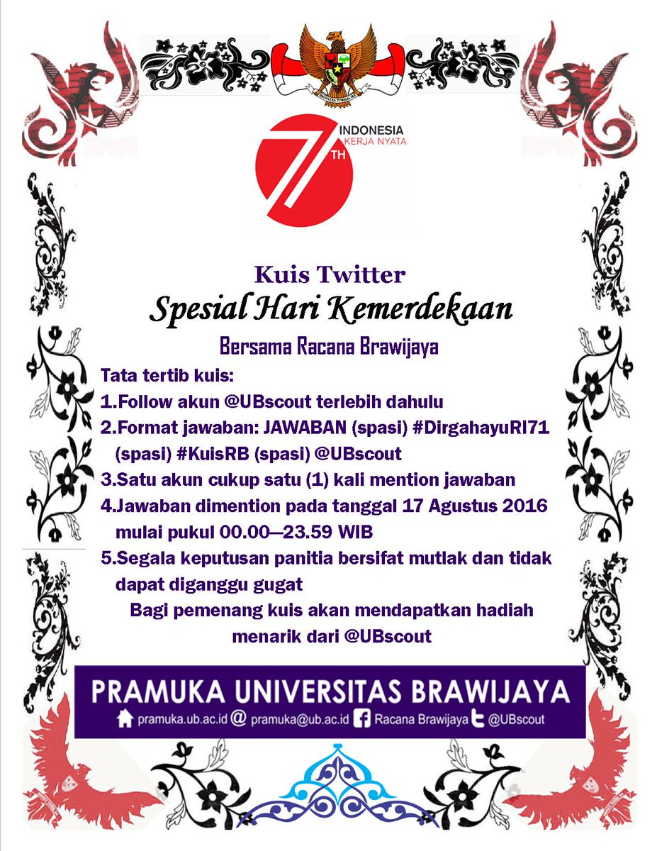 UBscout's tweet photo. Event utk merayakan HUT Kemerdekaan Indonesia ke 71 tahun yaitu Kuis Twitter RB Spesial Hari Kemerdekaan #InfoRB https://t.co/KUt3jfJC3N