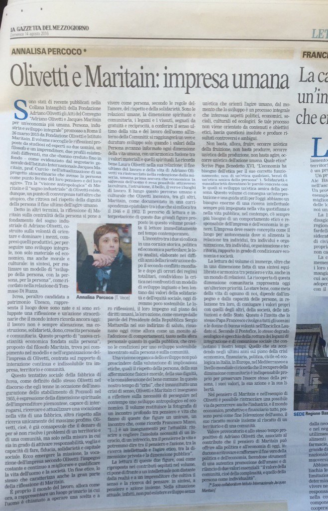 Su <a href="/GazzettaPotenza/">Gazzetta Potenza</a> recensione Atti Convegno su Olivetti e Maritain. <a href="/JacquesMaritai1/">IIJM</a> <a href="/Fond_A_Olivetti/">Fondazione Adriano Olivetti</a>