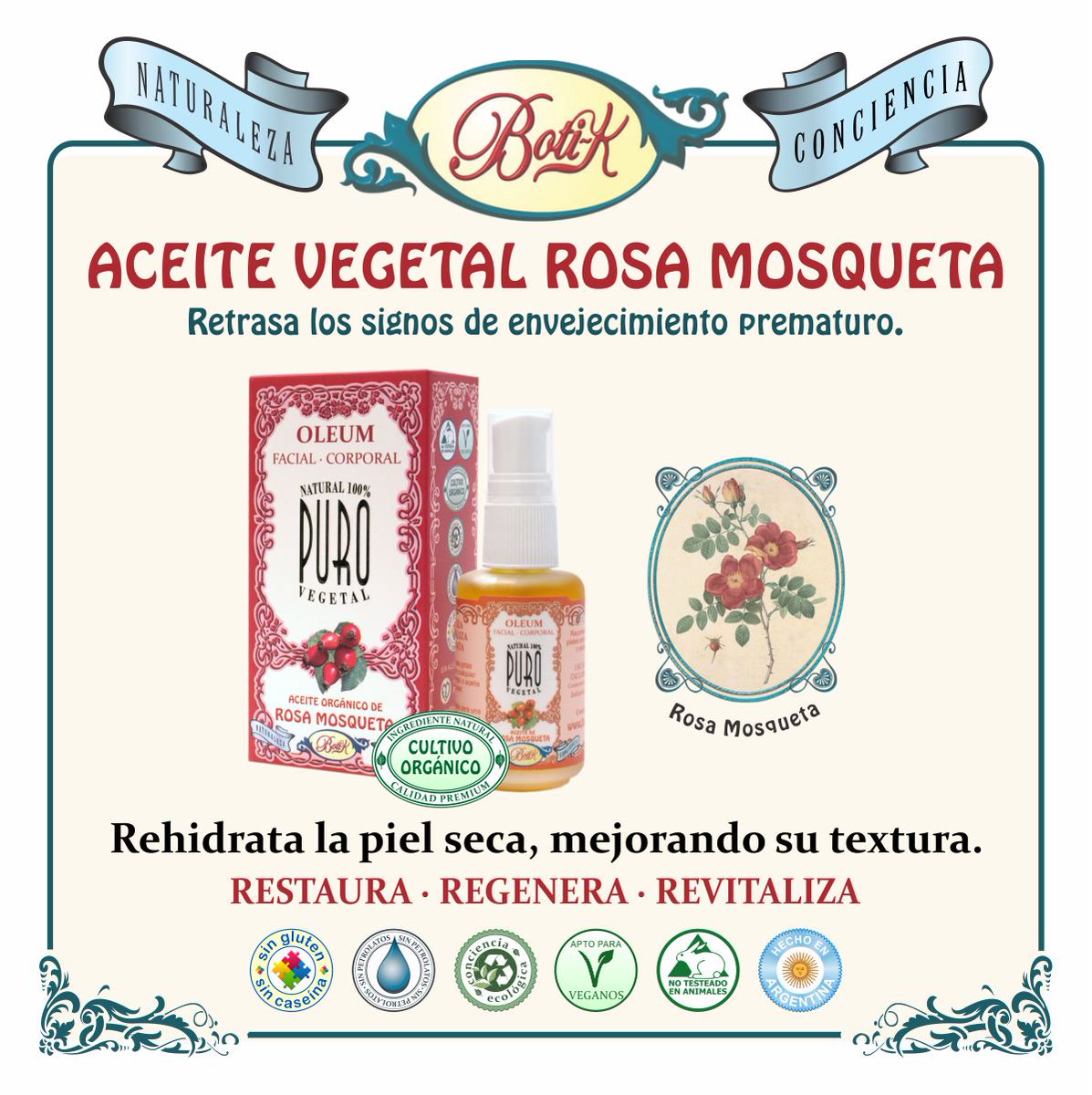 Boti-k OLEUM facial y corporal.
Aceite puro de Rosa Mosqueta.
Cultivo Orgánico Certificado.