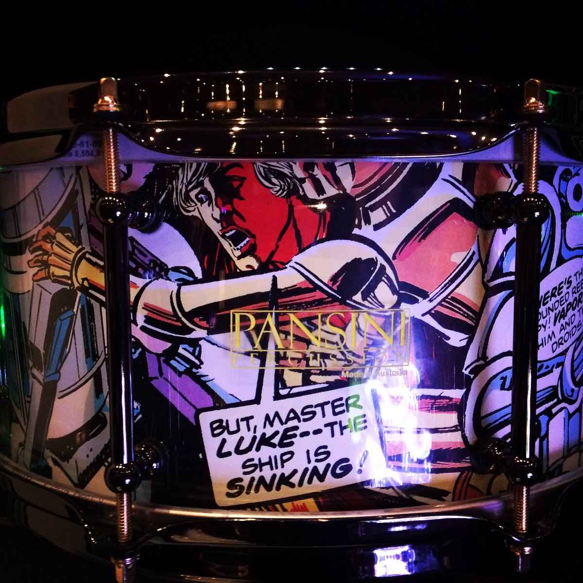 BeckClarkeDrums's tweet photo. At the Vintage and Custom #Drum Show in Sydney today. #StarWars themed #snare from #PansiniPercussion. https://t.co/JcRUQE2GQJ