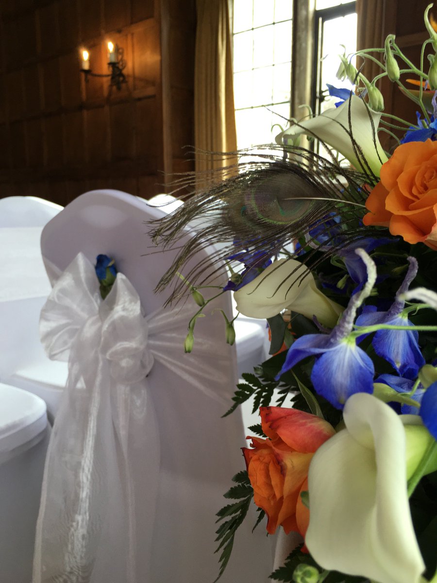 #SundayWedding #PeacockFeathers #CeremonyChairs #WhiteBows #CastleWedding #SunnySunday #BowsChairCovers #BlueRose