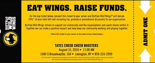TCHSCheer1's tweet photo. Come out &amp; support the TCHS cheer team at BW3 (South Broadway)! All you have to do is show them this ticket 😍 https://t.co/B8G7NegupR