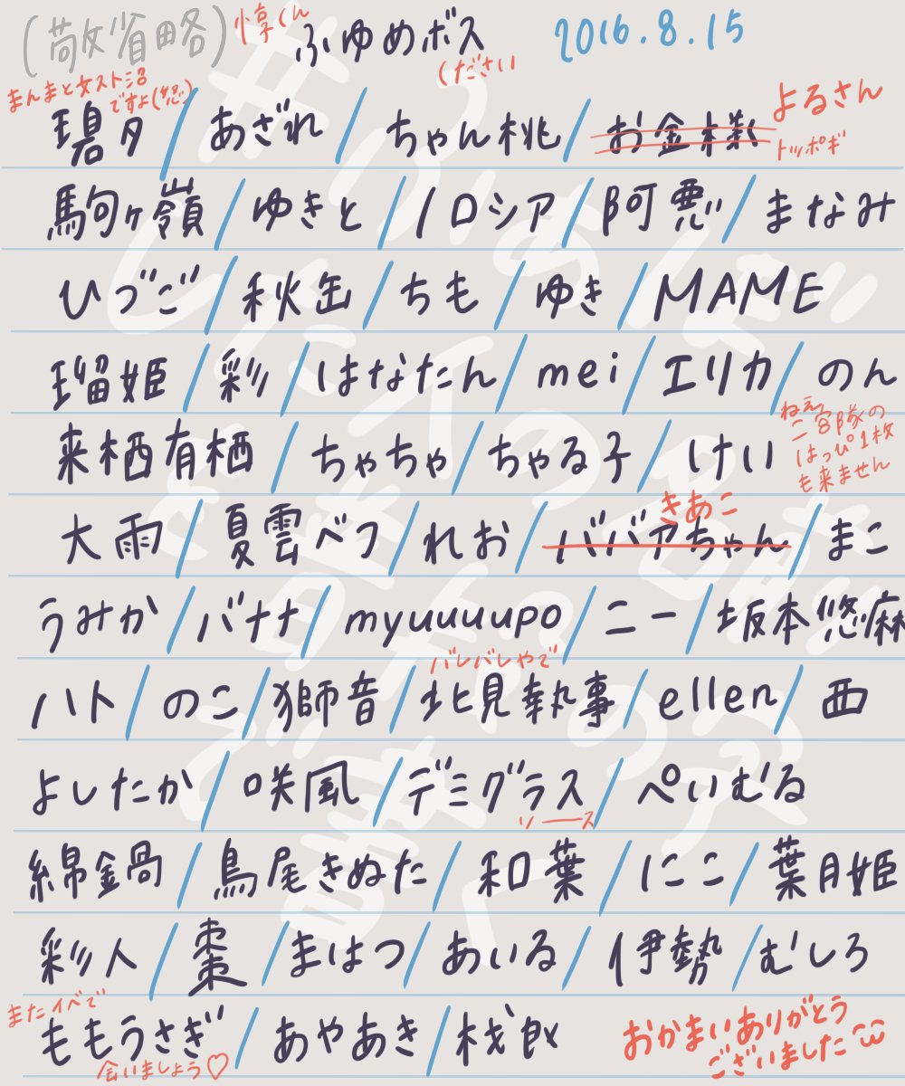 六番 10 16西3ｉ52b 確認した名前と数が一致しない悲しみ ミミズ文字とくとご覧あれ ありがとうございました ふぁぼした人の名前を普段の字で書く T Co Gxjwz9c7n7 Twitter