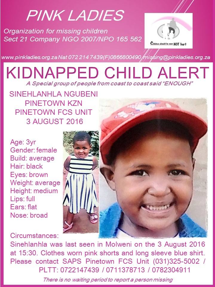 KIDNAPPED GIRL: Please share widely and help find 3-year-old Sinehlanhla Ngubeni. ☎️ Police 031-325-5002