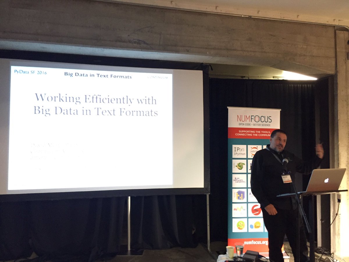 PyData's tweet photo. Sunday afternoon keynote, #PyDataSF: "Working Efficiently with Big Data in Text Formats" with @mertz_david https://t.co/BGm1e0rvd0