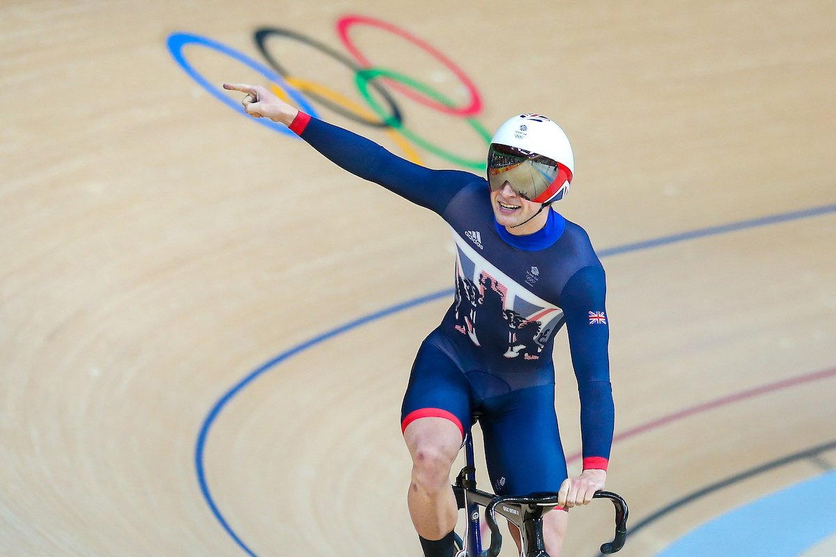 roadcyclinguk's tweet photo. Five gold medals! Jason Kenny beats fellow Brit Callum Skinner in straight heats to win the men's sprint at #Rio2016 https://t.co/X9uWTzjWTb