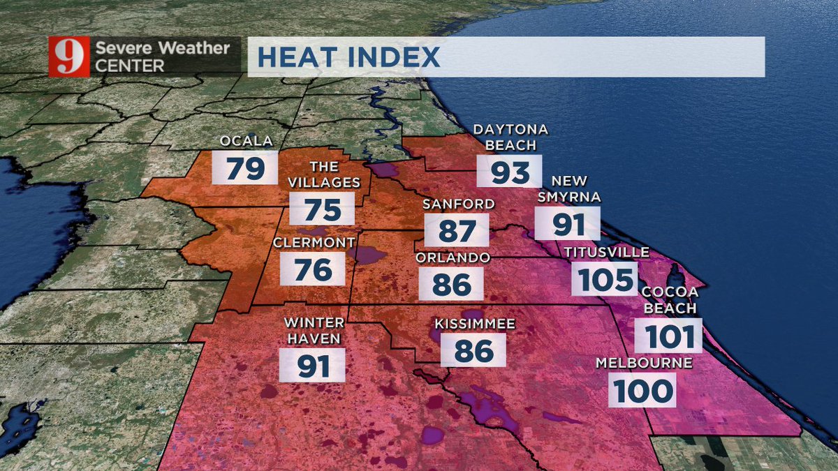 GWaldenWeather's tweet photo. Heat index:
Feels like a hundred in #BrevardCo where it hasn't rained, 70s in #MarionCoFL where it is raining.
#WFTV https://t.co/rSmX4xt1VF