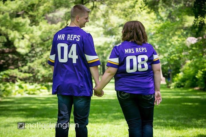 theresa_reps's tweet photo. No better way to announce our wedding date 4/8/17 than with custom @Vikings jerseys! #OneSetTwoReps #SkolVikings https://t.co/MmyPOxAKtR