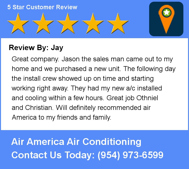 Review By: Jay Great company. Jason the sales man came out to my home and we purchased a new unit. The following day