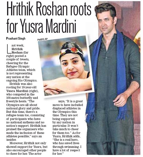 HrithikRules's tweet photo. "She is a real Hero!" - #Hrithik roots for #YusraMardini https://t.co/SScifmA0t1