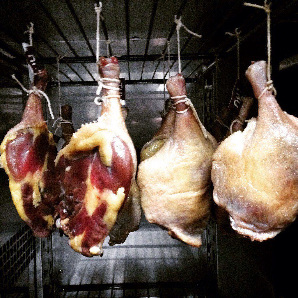 Country duck ham in the making at The Alfred: smoked and cured legs ready to be air dried <a href="/greatoceanducks/">Great Ocean Ducks</a>