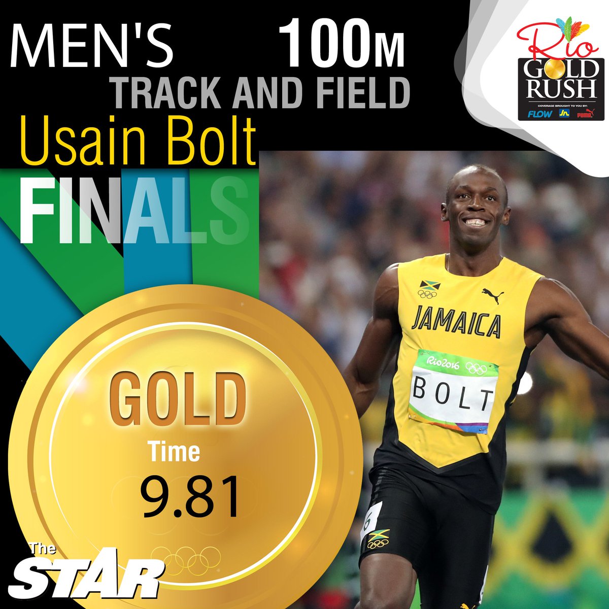 jamaicastar's tweet image. Usain Bolt makes HISTORY!!! Bolt has won his third consecutive Olympic 100m #RioGoldRush #JAinRio