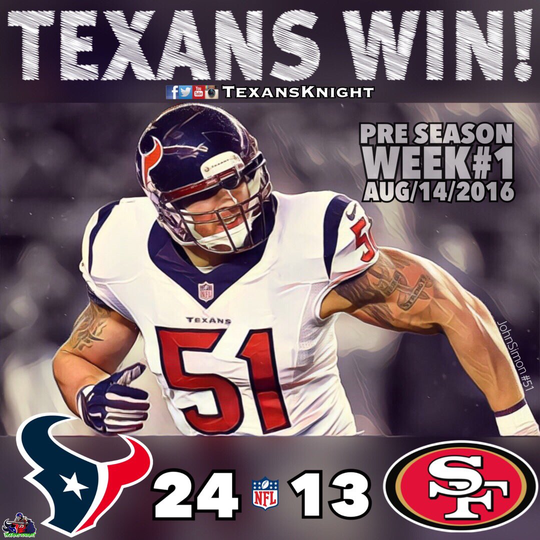 TexansKnight's tweet photo. And our @HoustonTexans get the 24-13 W vs #49ers π€πΌππ€πΌ #LetsGoTexans! #TexansGameday #Texans #HOUvsSF #TexansKnight https://t.co/YmizncWJax