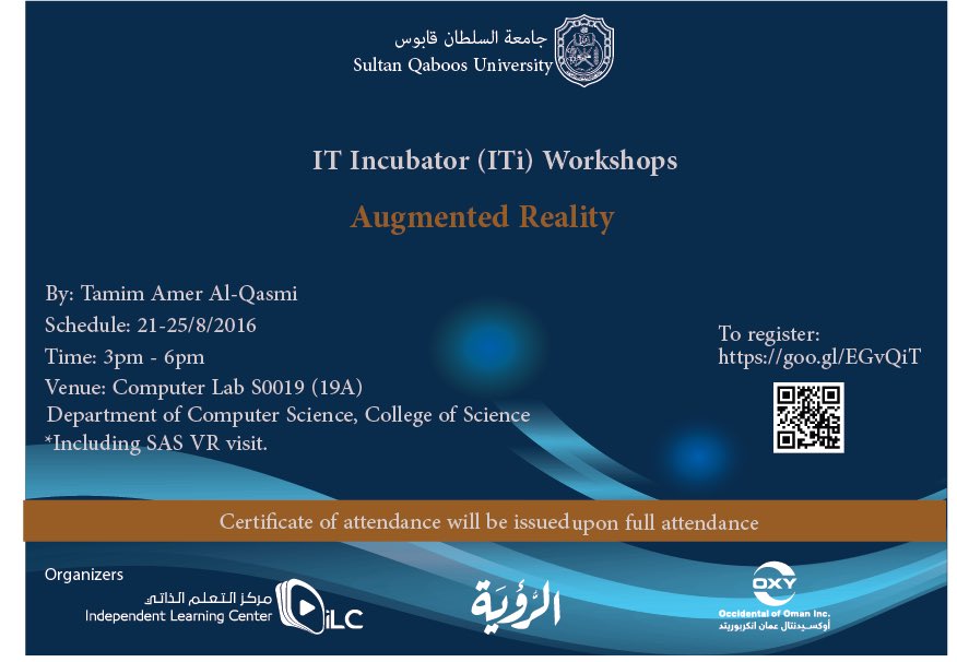 "Augmented Reality" workshop 
Register now..! 
goo.gl/EGvQiT 
#iLC_SQU