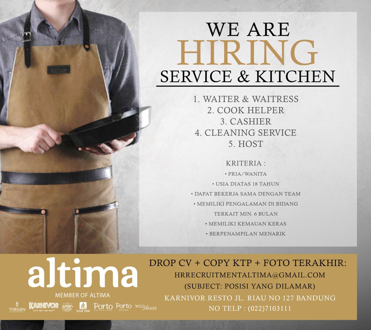 Hi, Let's Join with Us!
Penempatan: Karnivor Resto, Wild Grass Resto &amp; Sushi Tora

#lokerbdg #loker #lowongankerja