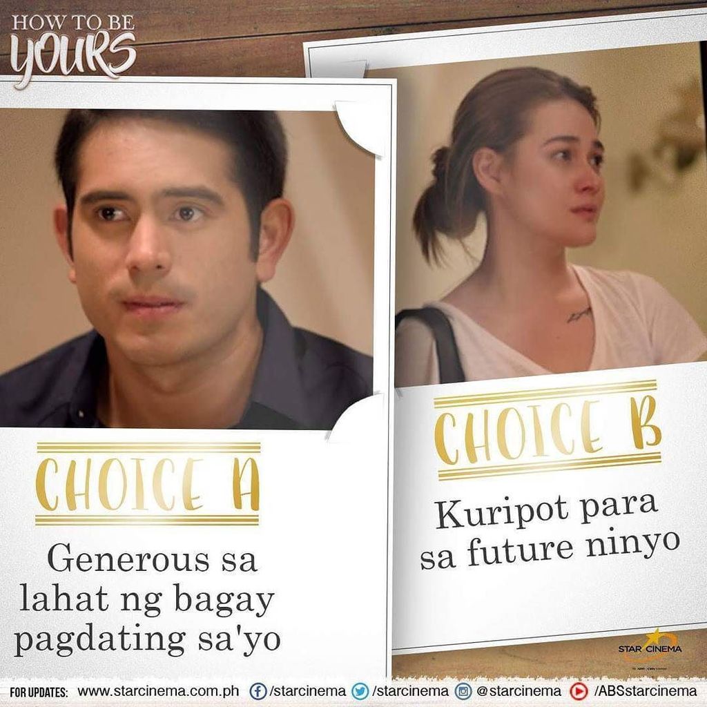 StarCinema's tweet photo. Kilig pareho! Pero ikaw, ano ang choice mo? Galante o Kuripot? #HowToBeYours #HowToBeYours3rdBlockbusterWeek https://t.co/aQHMiq6Rab