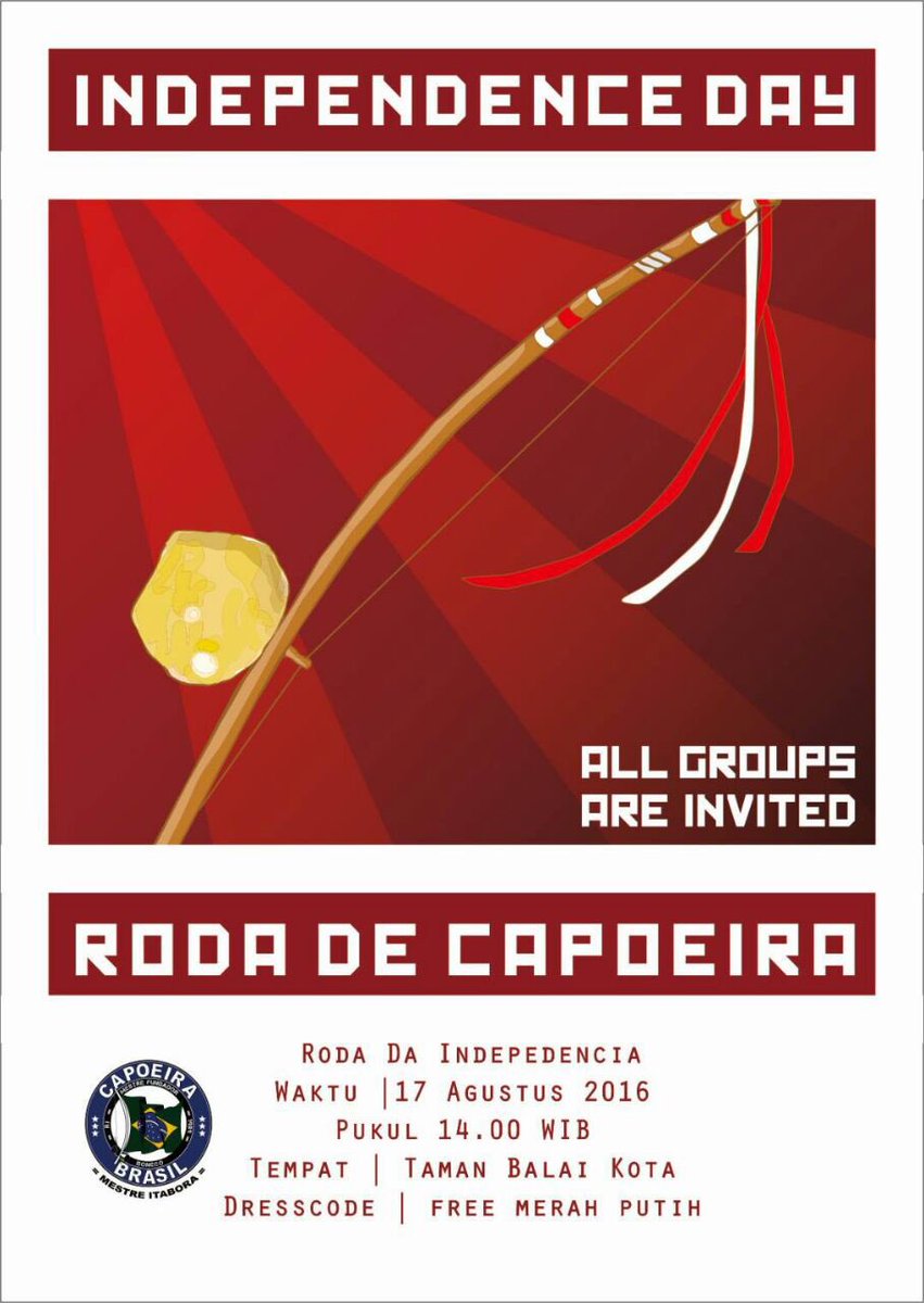 RODA DA INDEPENDÊNCIA 

Waktu: 17 Agustus 2016 jam 14.00
Tempat: Taman Balai Kota Bandung
Dresscode:free merah putih