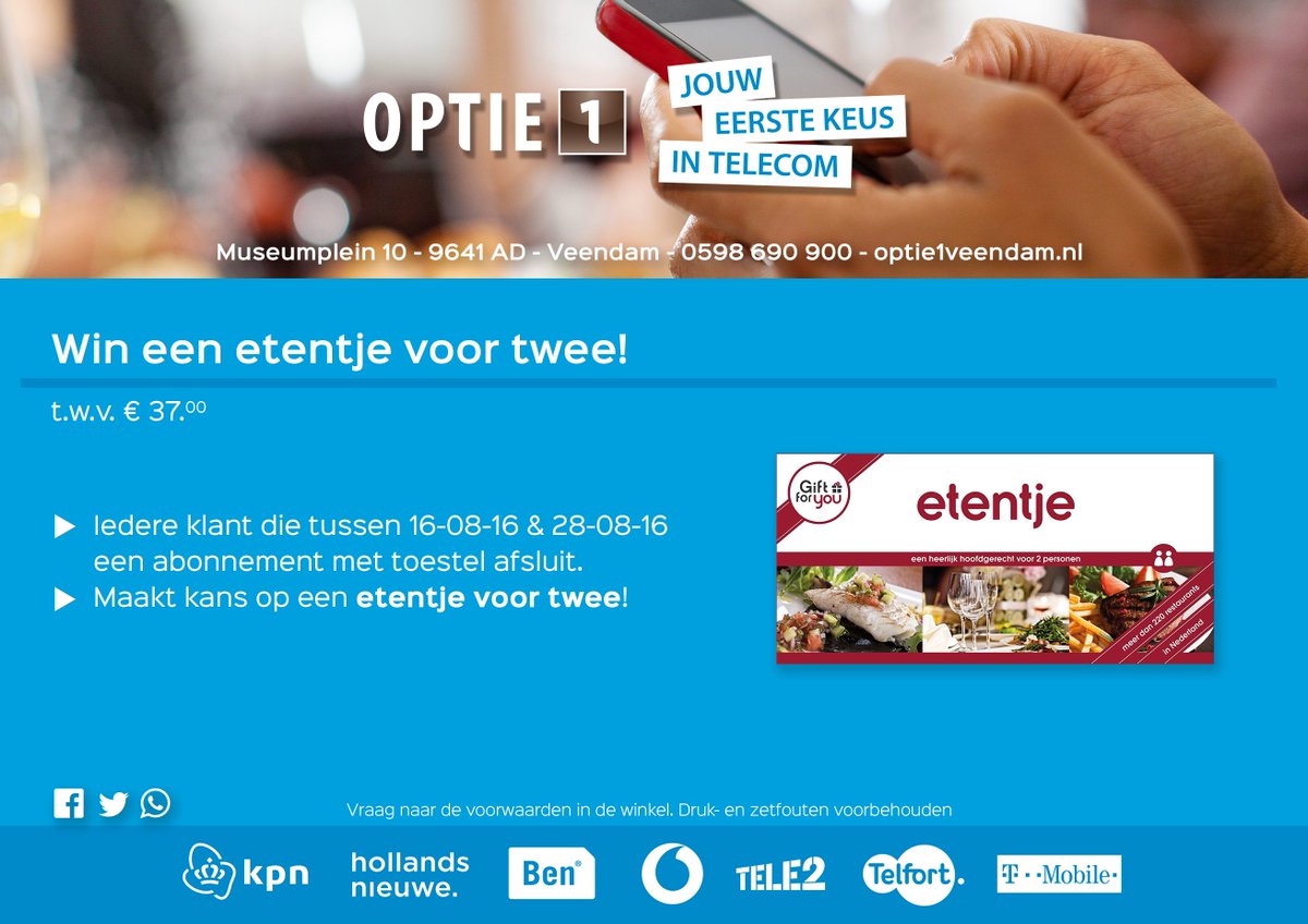 optie1veendam's tweet photo. Wie wil nou niet de vakantie afsluiten met een lekker etentje? #optie1 #etentje #winactie https://t.co/qvtdRggnxx