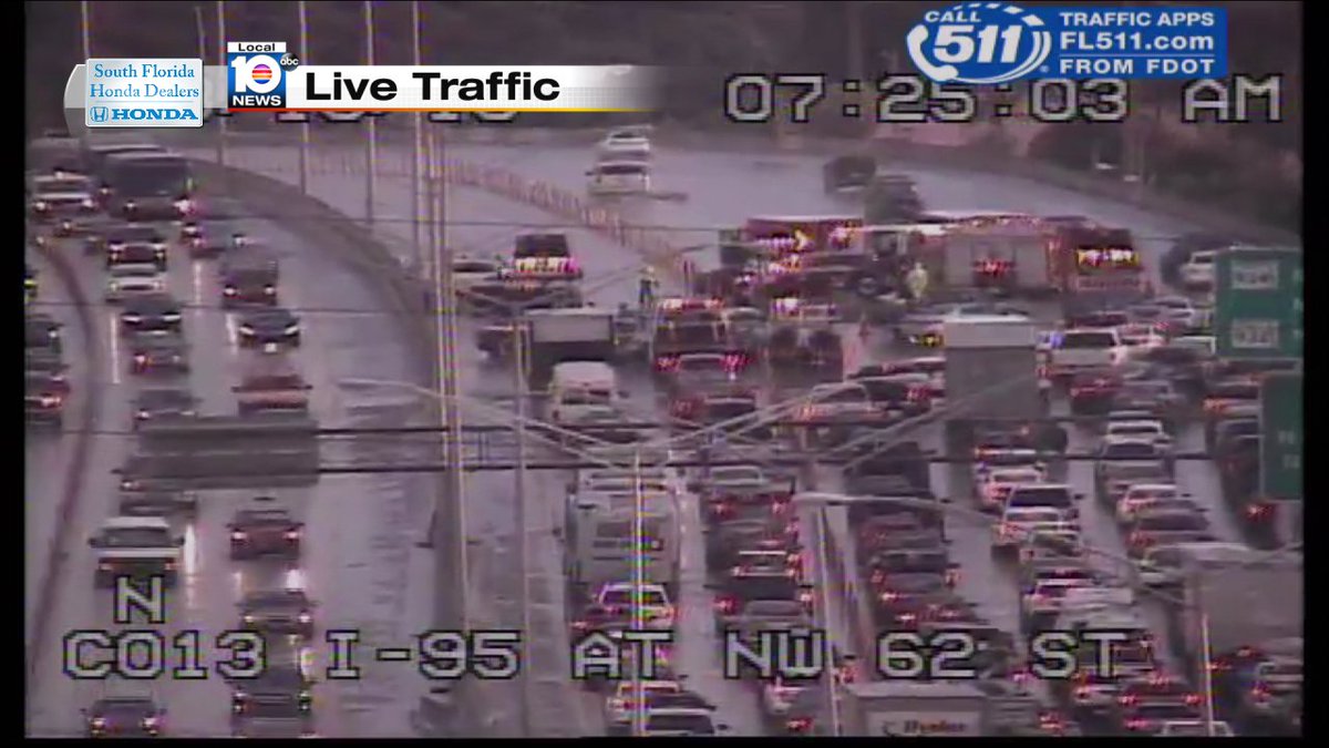 Bad Accident on I-95 NB at NW 62nd St. Only 1 Lane getting through!! MAJOR delays!  #traffic #miami https://t.co/1u8QQ8cFCA