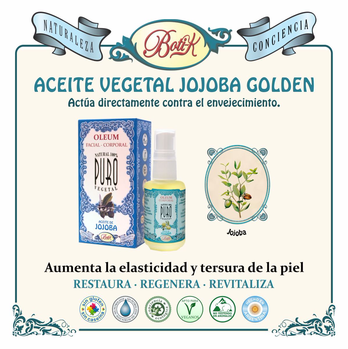 Boti-k OLEUM
Aceite Puro de Jojoba Golden.
Aumenta la elasticidad y tersura de la piel.