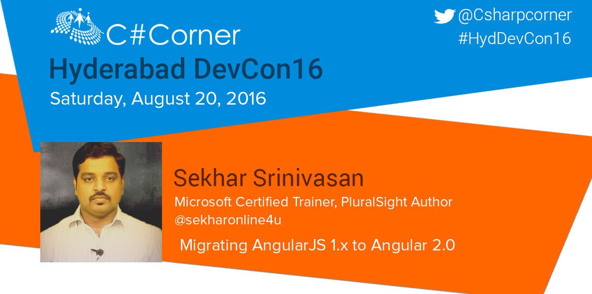 CsharpCorner's tweet photo. Migrating #AngularJS1 to #Angular2 by @sekharonline4u at #HydDevCon16. Register Now: https://t.co/LvexQuYgQ5 https://t.co/bRDYkVSOQk