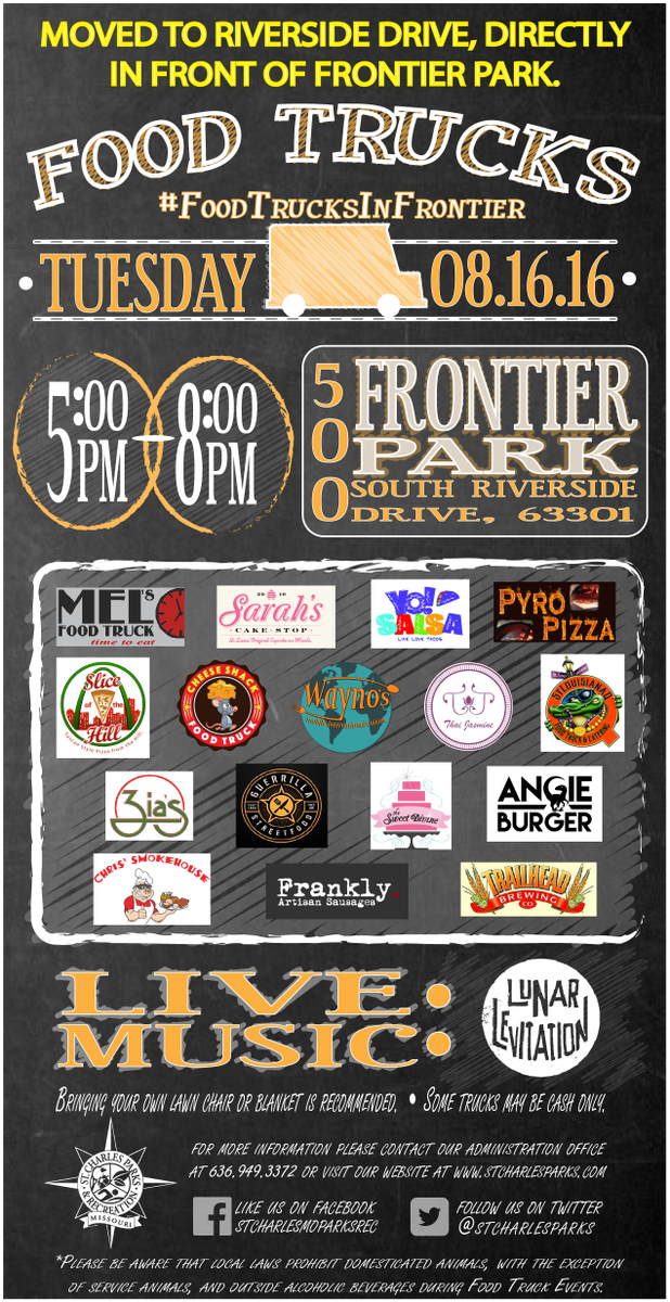 STCParksPlayMO's tweet photo. #FoodTrucksinFrontier will be set up along Riverside Dr. directly in front of Frontier Park! See U TOMORROW! https://t.co/8p6BilSxdy