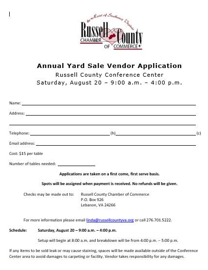 RussellChamber's tweet photo. Reminder: RCCC Aug. 20 yard sale. See flyer and vendor application. https://t.co/B9QgO8XNOP