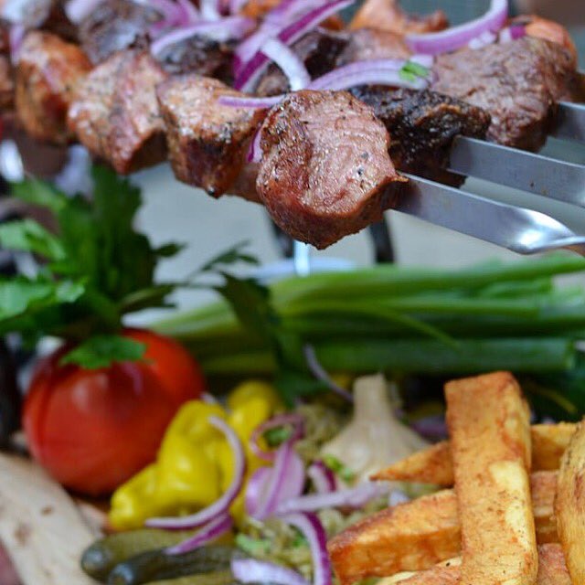 REDCOMPASSny's tweet photo. We have special platters like Mtcvadiauri! grilled &amp; marinated shish-kebabs, fried potatoes, pickled vegetables https://t.co/6dtcww1JFA
