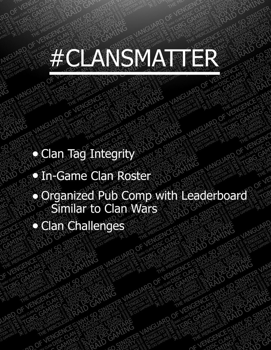 Raise your voice with us to let <a href="/InfinityWard/">Infinity Ward</a> <a href="/Activision/">Activision</a> <a href="/ATVIAssist/">Activision Support</a> know we want inclusion in #IW! 
#ClansMatter