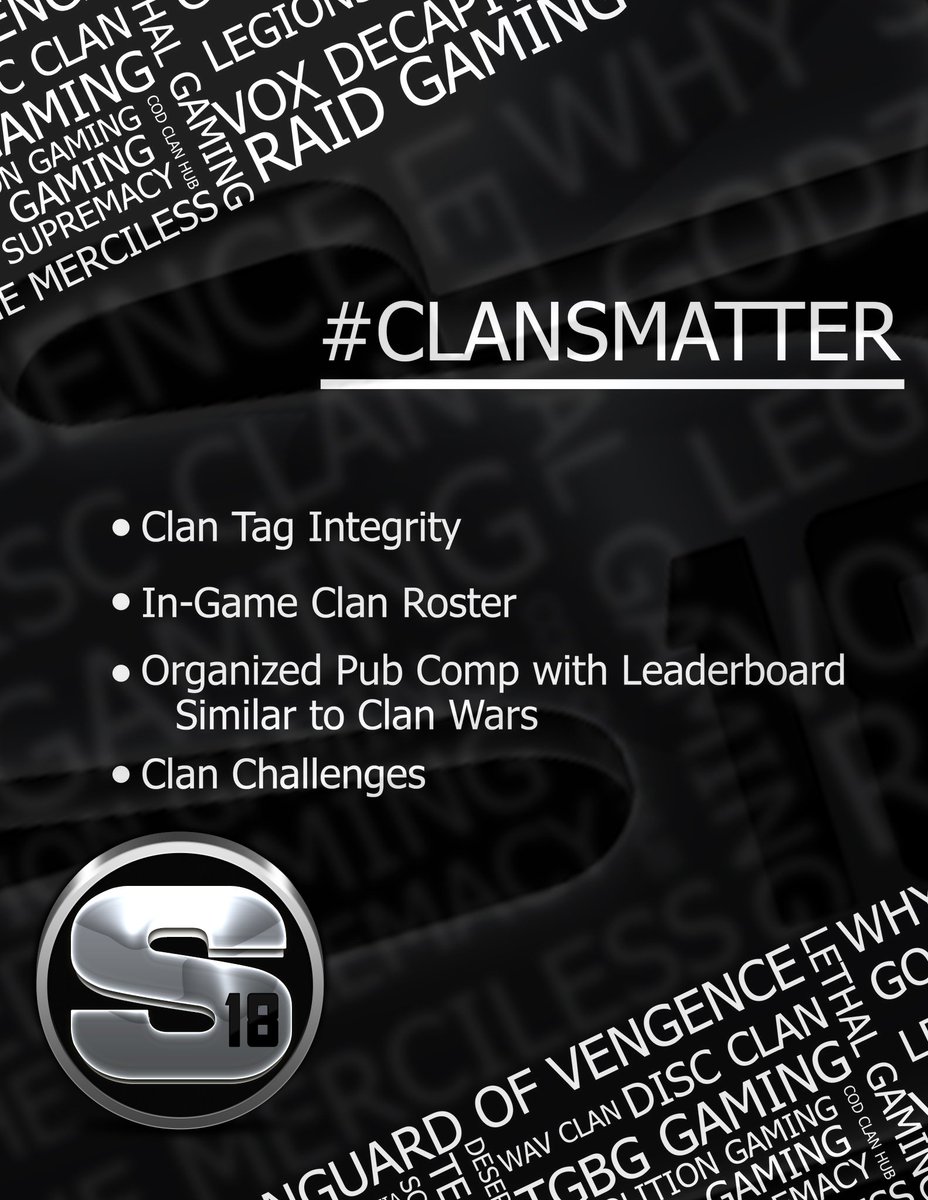 Raise your voice with us to let <a href="/InfinityWard/">Infinity Ward</a> <a href="/Activision/">Activision</a> <a href="/ATVIAssist/">Activision Support</a> know we want inclusion in #IW! #ClansMatter