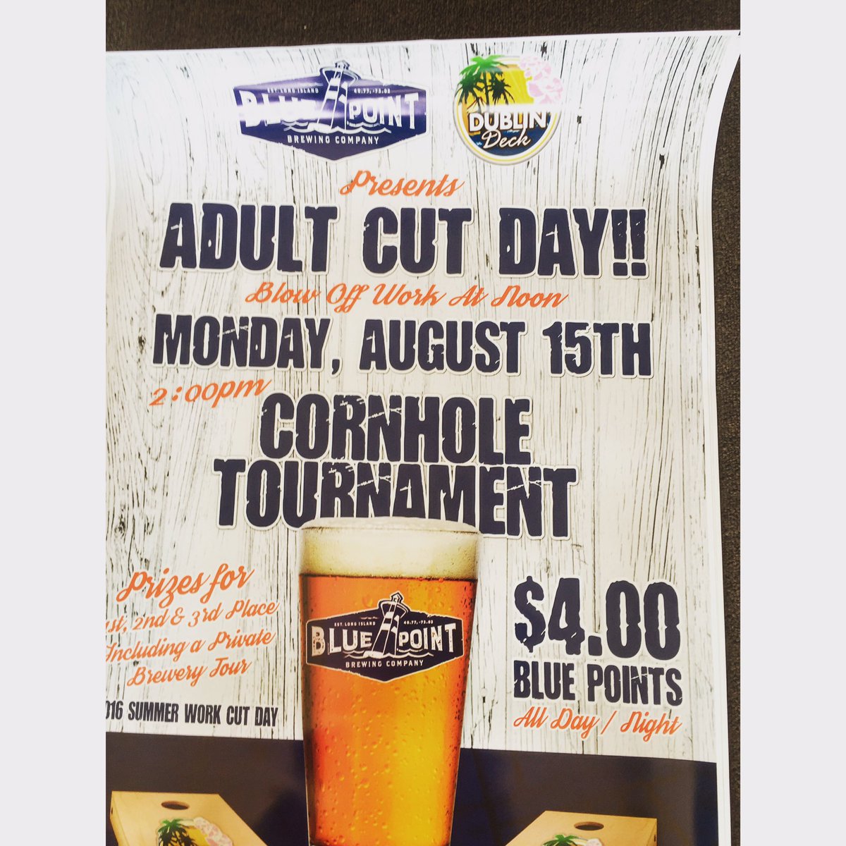 DublinDeckTiki's tweet photo. Blow off work at noon! #CornholeTournament 2 pm & $4 pints of Blue Point Brew Great prizes! #BlowOffWork #Patchogue https://t.co/9UNVJBrrTq