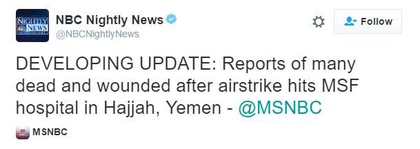 JBurtonXP's tweet photo. Not our fault. NOT our fault. The Saudis NEVER MENTIONED bombing hospitals when Hillary sold them all those F-15s. https://t.co/PjkzZHTGLu