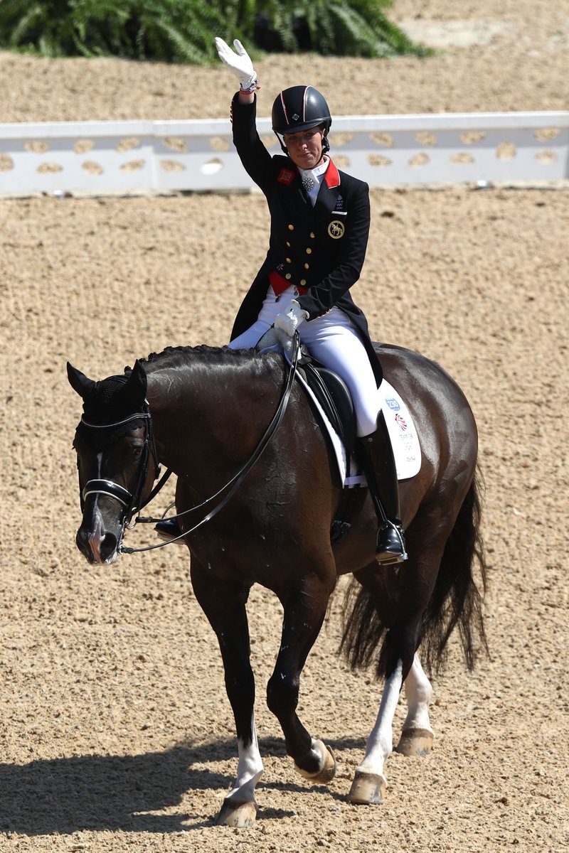 Olympics's tweet photo. Congratulations, Charlotte Dujardin (#GBR) on winning #gold in #EquestrianDressage Individual Grand Prix Freestyle! https://t.co/C017JoGPQ6