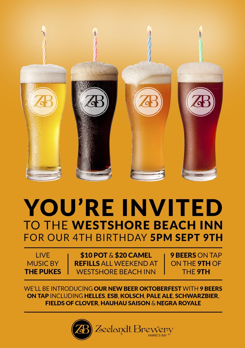 ZeelandtBrewery's tweet photo. Birthday celebrations @WestshoreInn Sept 9th! See you there! #enjoyZB #craftbeer #wereturning4 #westshore https://t.co/zwamLOYTfx