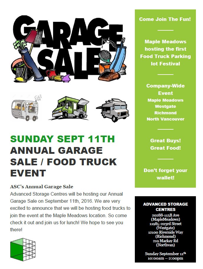 StorageAdvanced's tweet photo. #Garagesale2016 #September11th #Garagesale #Mapleridge #Westgate #Maplemeadows #Richmond #Northvan #Foodtruck #yum https://t.co/J207YFesBG