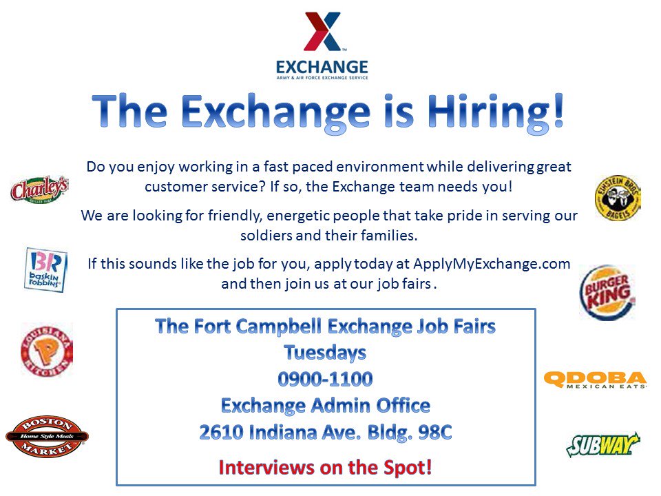 FortCampbell's tweet photo. .@CMPexchange is hiring. See the flyer for details. @101stAASLTDIV @csaSoldier4Life #SoldierForLife #SmoothTakeoff https://t.co/Xy9PArTDQS