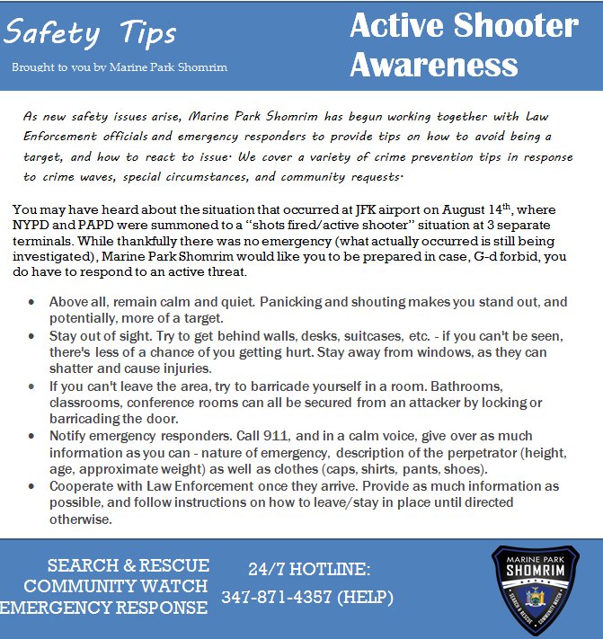 MPShomrim's tweet photo. #seesomethingsaysomething Don't be a victim, be prepared! #marinepark #shomrim #awareness https://t.co/40A496wVrL