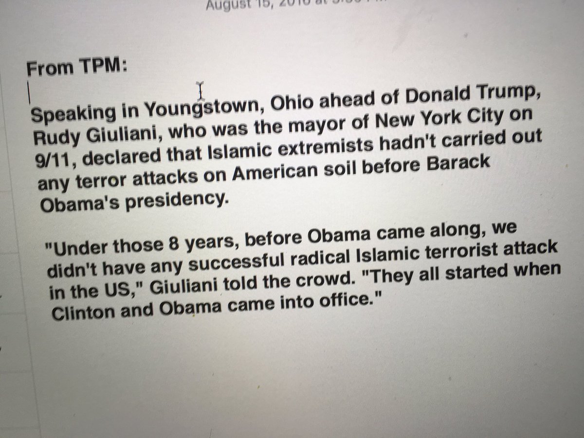 libJamiE's tweet photo. Runner-up quote of the day: Rudy  Giuliani in Youngstown. He linked the attacks to... https://t.co/sPVk8lfTQD