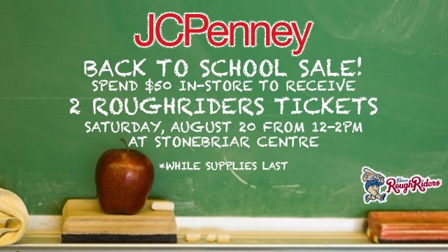 RidersBaseball's tweet photo. Spend $50 at @jcpenney in @ShopStonebriar from 12-2pm on 8/20 for 2 Riders tix! Show receipt at Riders tent for tix! https://t.co/c8CweRJz53