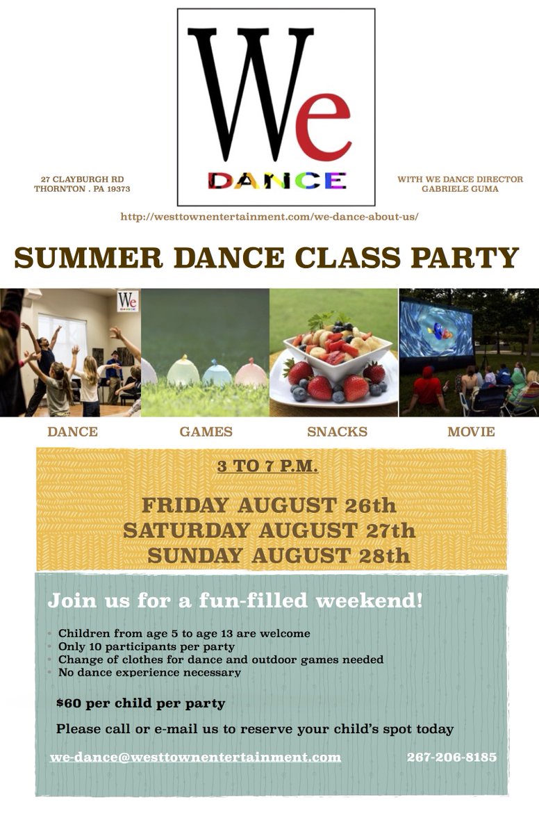 Bring your kids to our SUMMER DANCE CLASS PARTY! 
Aug 26, 27 &amp; 28. 
#Wedance #WeDance365 #dance #summerfun #party